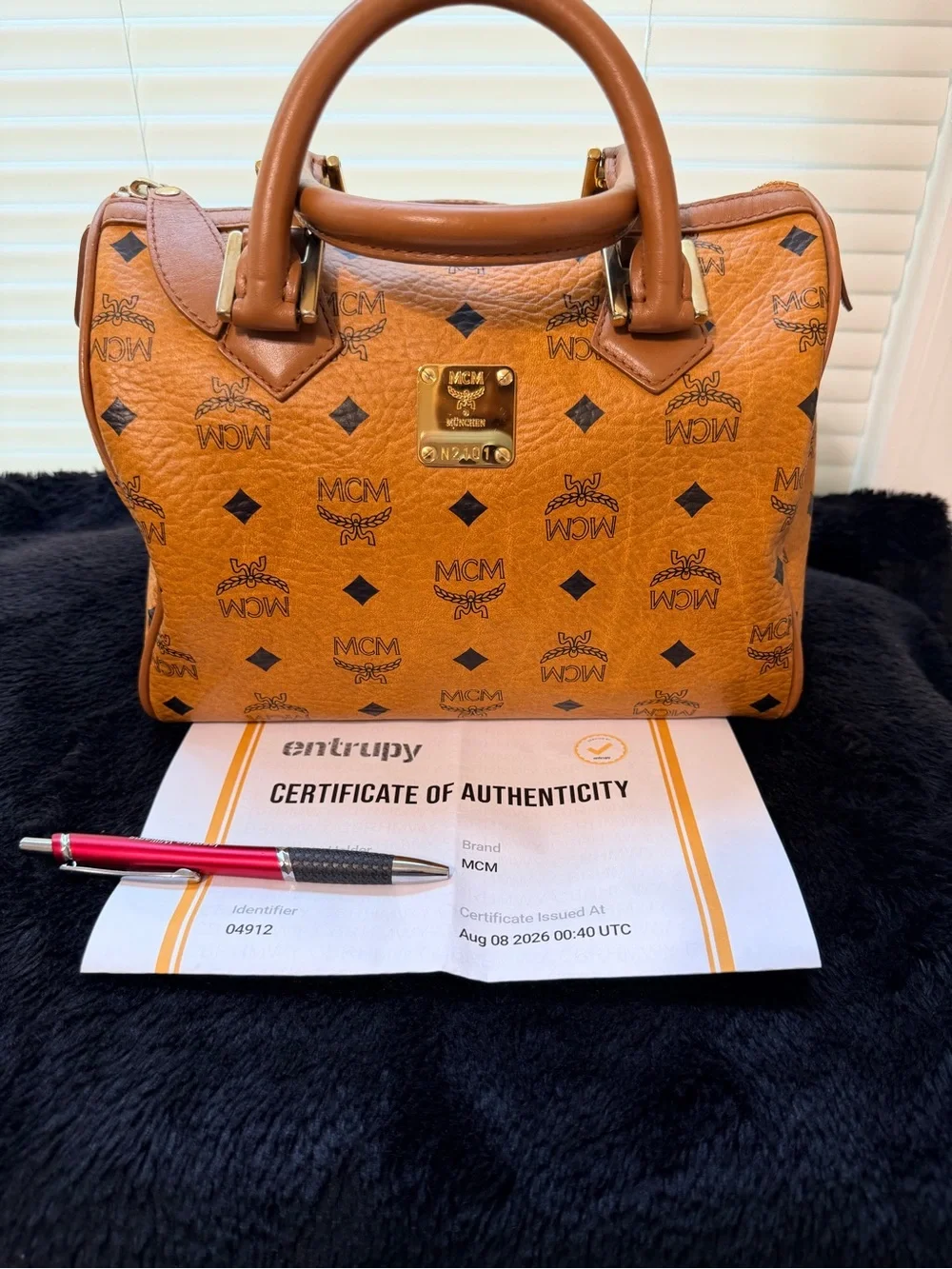 MCM Cognac Visetos Logo Satchel with Gold Hardware